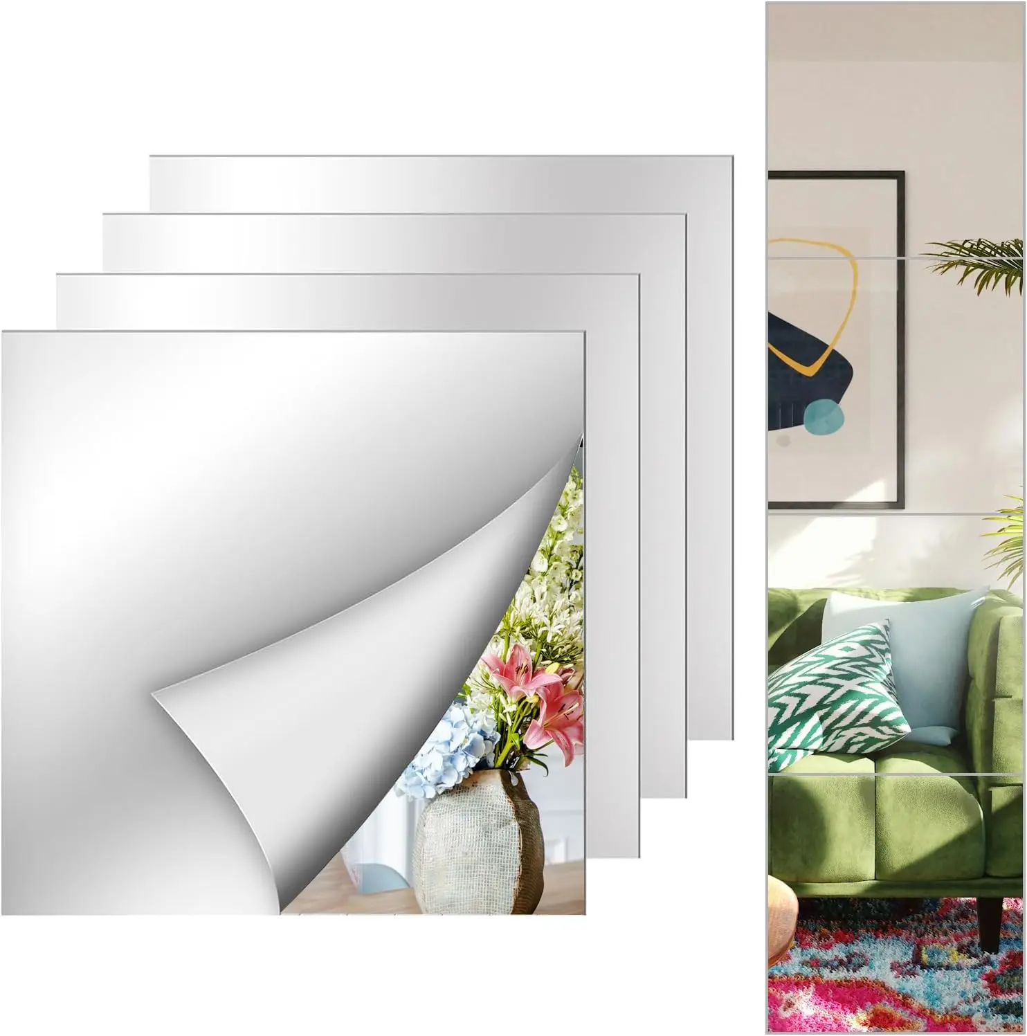 4 Pack Acrylic Mirror Tiles 10 x 10 Inch Self-Adhesive Flexible Plastic Mirror Sheets Full Length Mirror Stickers for Walls Bedroom Living Home Decoration，0.2mm