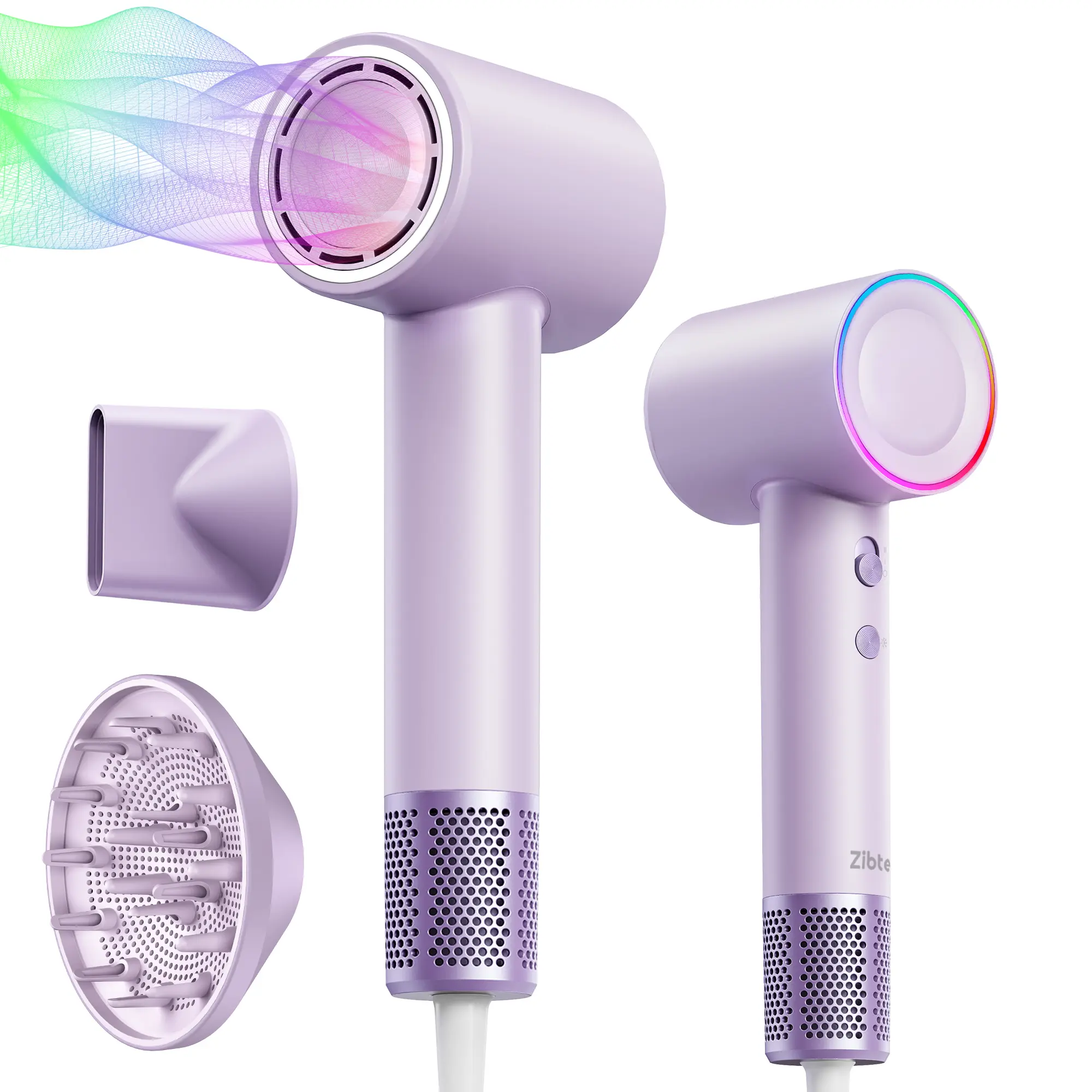 Zibtes High-Speed Hair Dryer, 160,000 RPM Brushless Motor for Ultra-Fast Drying, 500M Ionic Negative for Frizz Reduce, Low Noise Thermo-Control Blow Dryer with Diffuser for Curly Hair Women and Men,White