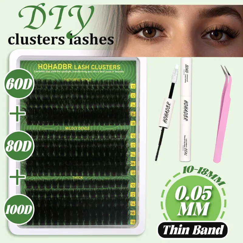 HOHADBR Women's Wispy Lash Clusters Cosmetic Eyelash Extensions Kit, 60D-80D-100D Thick Volume Individual 10-18mm D Curl Beauty Self-Application Set with Bond, Seal & Tweezers