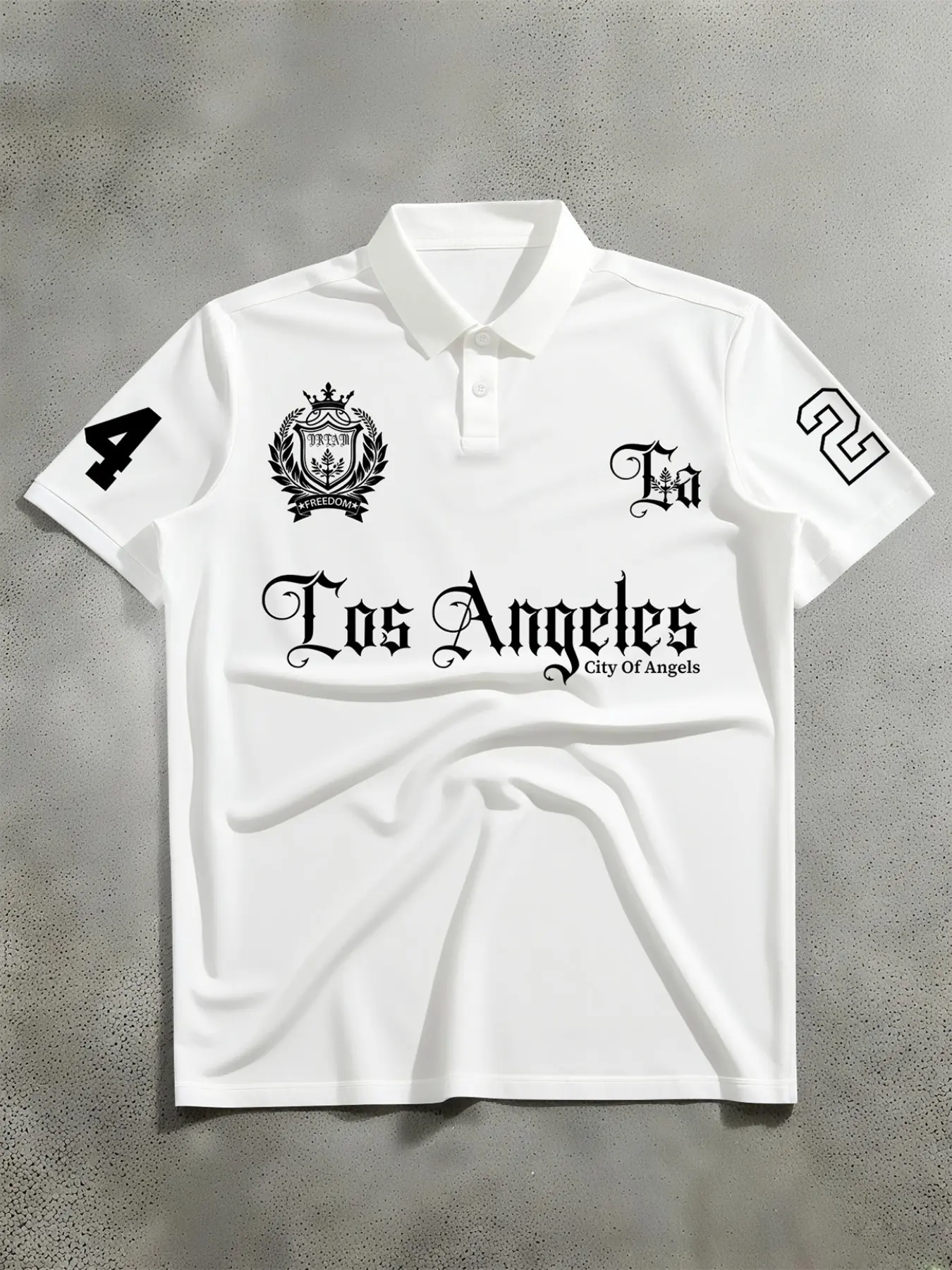 Retro Los Angeles Graphic Polo Shirt - Urban Streetwear Street Style Gothic Lettering Short Sleeve Top for Men - Oversized Old Money Aesthetic Outfit for Summer Night Out & Daily Wear Casual Polo Shirts