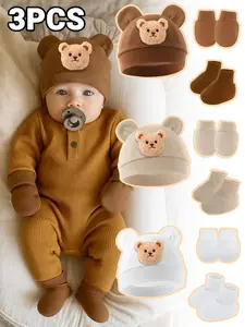3PCS Newborn Gift Set, Cute Cartoon Bear Decorated Baby Hat + Mittens + Booties. Soft, Skin-Friendly, Comfortable and Breathable Cap for Baby Boys and Girls, Suitable for Daily Matching, Newborn Essential Set