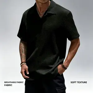 Men’s Stylish Casual Textured V-Neck Turn-Down Short-Sleeve Polo Shirt - Breathable, Lightweight, Wrinkle-Resistant Plain Top for Summer Travel, Everyday Wear
