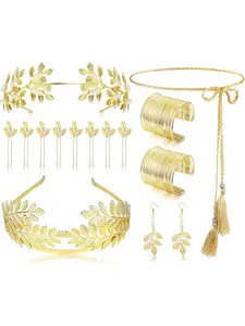 14 Pcs Greek Goddess Costume Accessories Set Laurel Leaves Crown Upper Arm Coil Bracelet Hair Headpiece Artificial Pearl Earrings Necklace Toga Waist Belt for Women Party Bridal Wedding