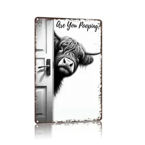 Vintage Highland Cow Aluminum Sign: Funny "Are You Pooping?" Black and White Bathroom Wall Decor for Western & Highland Cow Lovers 8 x 12 Inch