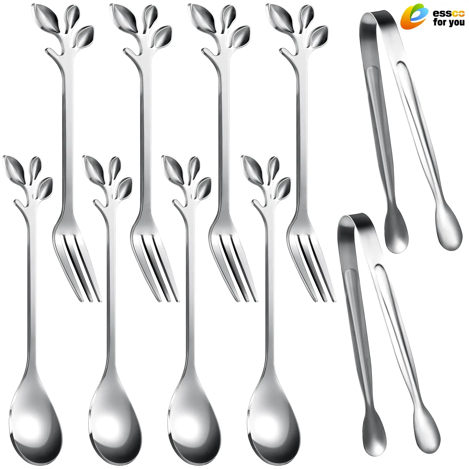 E ESSCO FOR YOU 10 Pieces Leaf Coffee Spoons, Mini Serving Tongs and Appetizer Forks Stainless Steel Sugar Cube Tongs Dessert Spoons Metal Dinner Forks for Dessert Coffee Tea (Silver)