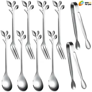 E ESSCO FOR YOU 10 Pieces Leaf Coffee Spoons, Mini Serving Tongs and Appetizer Forks Stainless Steel Sugar Cube Tongs Dessert Spoons Metal Dinner Forks for Dessert Coffee Tea (Silver)
