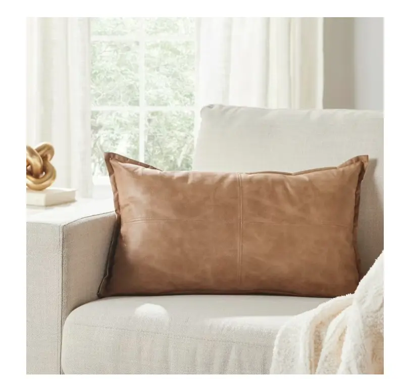 14" x 24" Beige Vegan Leather Lumbar Pillow, Decorative Soft Furnishing for Bedding & Linens