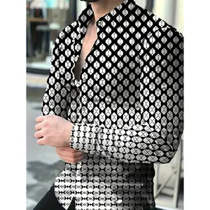 Geometric Print Long Sleeve Lapel Shirt for Men, Spring/Fall Stylish Gift