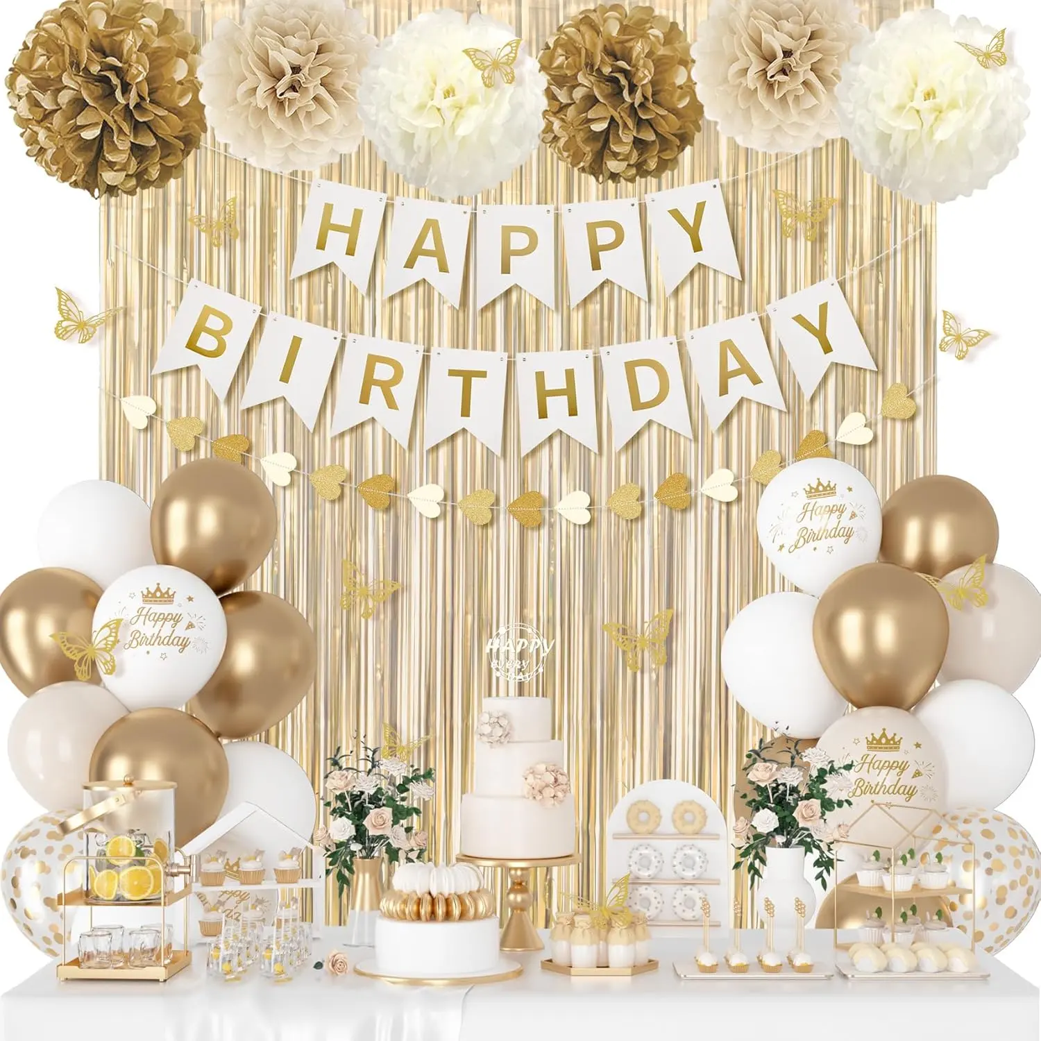 Women’s White & Gold Premium Decor Set - Easy Install, Tear-Resistant Sand Confetti, 10’’ Metallic Printed Balloons, 12’’ Confetti Balloons, Butterfly Stickers, Fringe Curtains, Banner, Heart Garland, Paper Pompoms, Anniversary Gifts, White And Gold, Deco