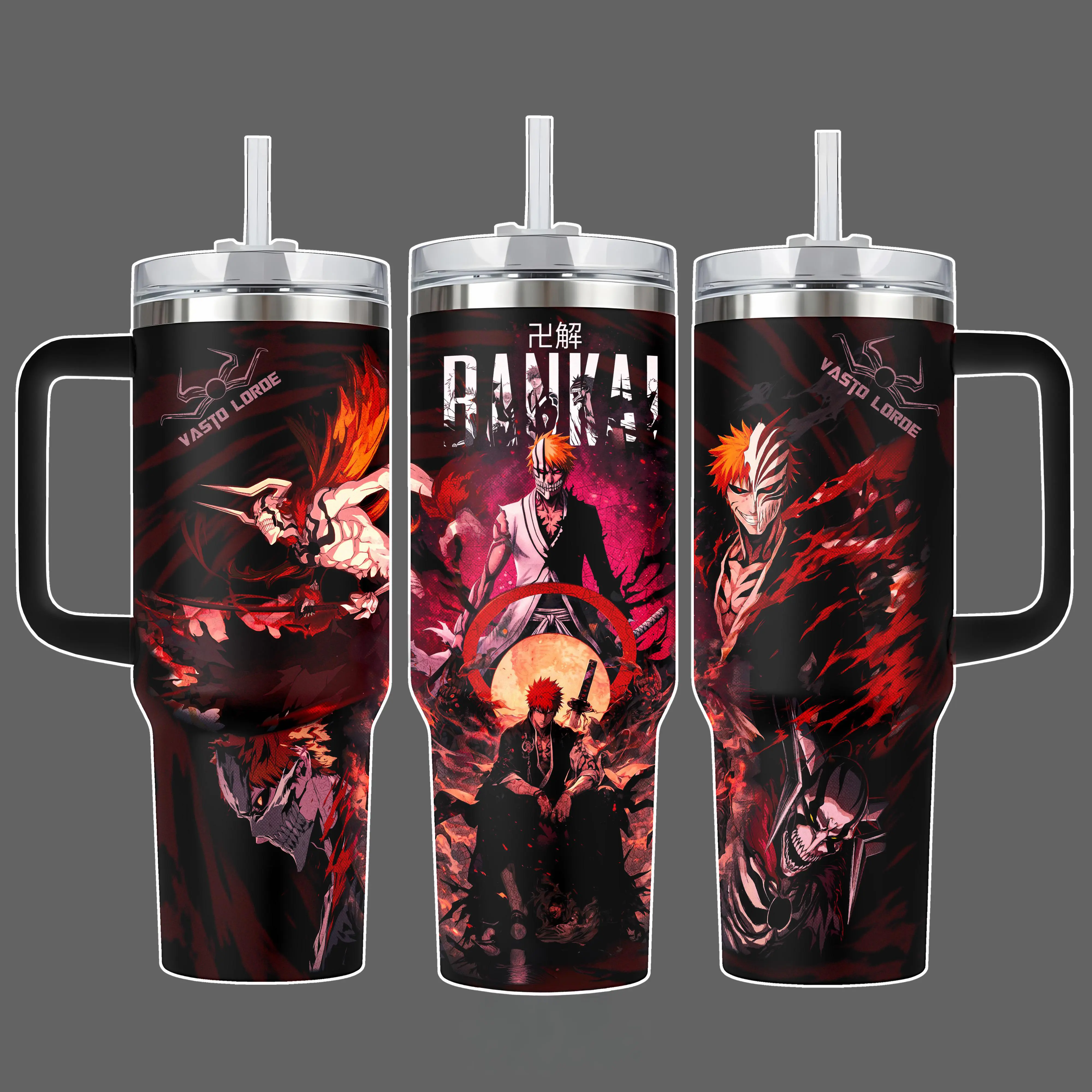 Ichigo Kurosaki Bleach Vasto Lorde Hollow Form Stainless Steel Insulated Travel Tumbler With Handle 20oz 40oz Anime Dark Aura Wrap Design