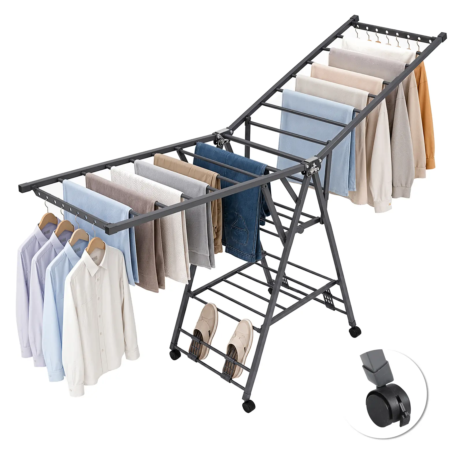 Heavy Duty Foldable Floor-Standing Clothes Drying Rack with Wheels, Shoe Rack, 200 lbs Capacity Sturdy Metal Laundry Stand for Indoor/Outdoors Use