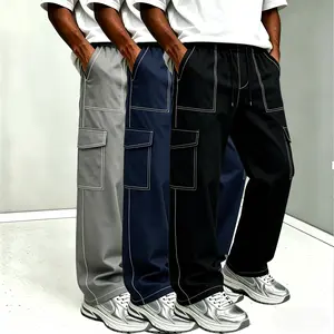 3-pack: men’s cargo pants, men’s casual pants, men’s pants; street style; loose fit; refined stitching; suitable for all seasons; multiple pockets; elastic waistband; mid-rise drawstring; ideal for everyday wear, home, outdoor travel, and more—an excellen