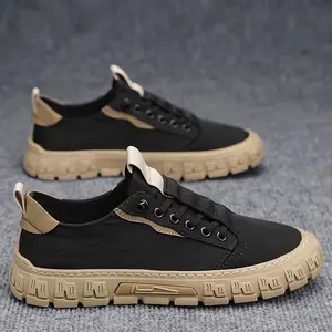 Men's Skate Shoes - Non-Slip Sole, Breathable Lace-Up Sneakers for Streetwear, Skateboarding & Everyday - All-Season Urban Footwear in Black/Beige - PVC Outsole Cushioned Insole Shoes, Casual Walking, Round Toe Design, Comfortable Fit, Acti