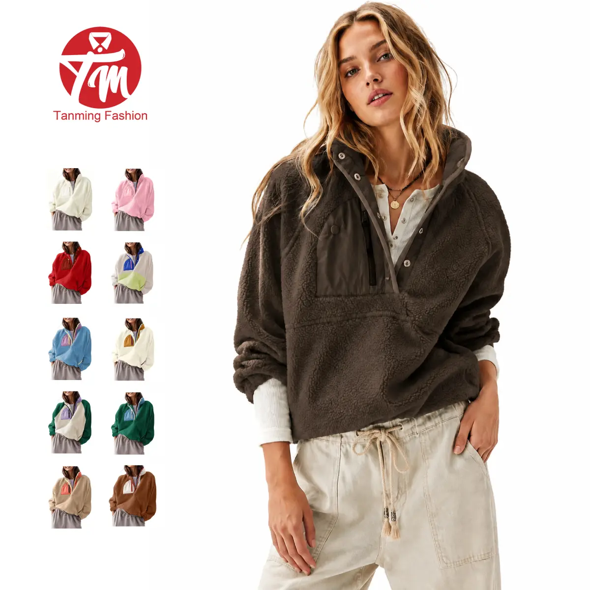 Tanming Women's Lightweight Fleece Pullover Jacket Cropped Fall Winter Fuzzy Sherpa Jacket Sweatshirt Coat with Pockets