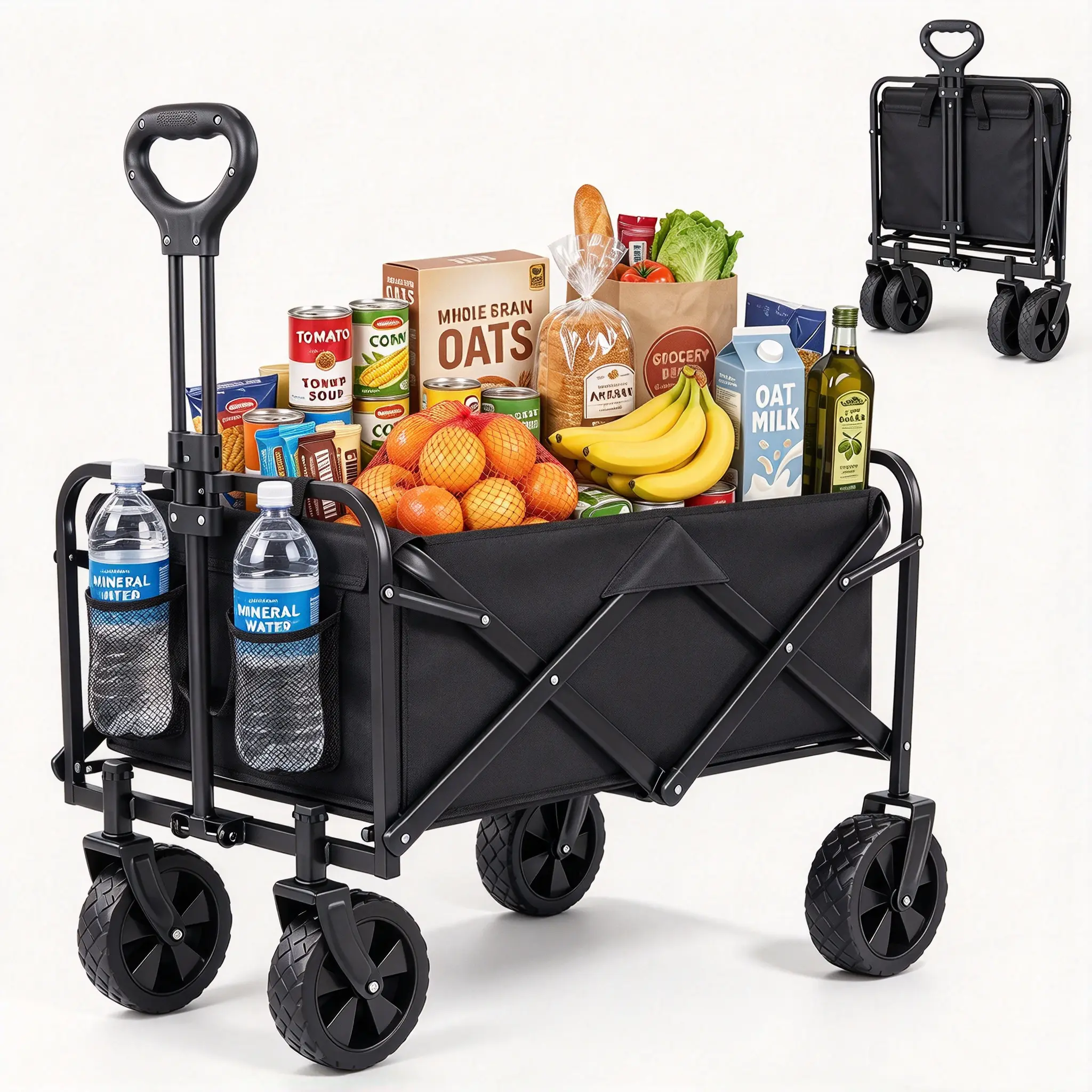 Alloy Steel Utility Trolley - Lightweight, Foldable, 350 lbs Max Load, Big All-Terrain Swivel Casters, Drink Holders, Adjustable Handle, Auto-Rebound Mechanism, Oxford Cloth Accents, Plastic Components, for Sports, Hunting, Garden, Game Day (Adults)