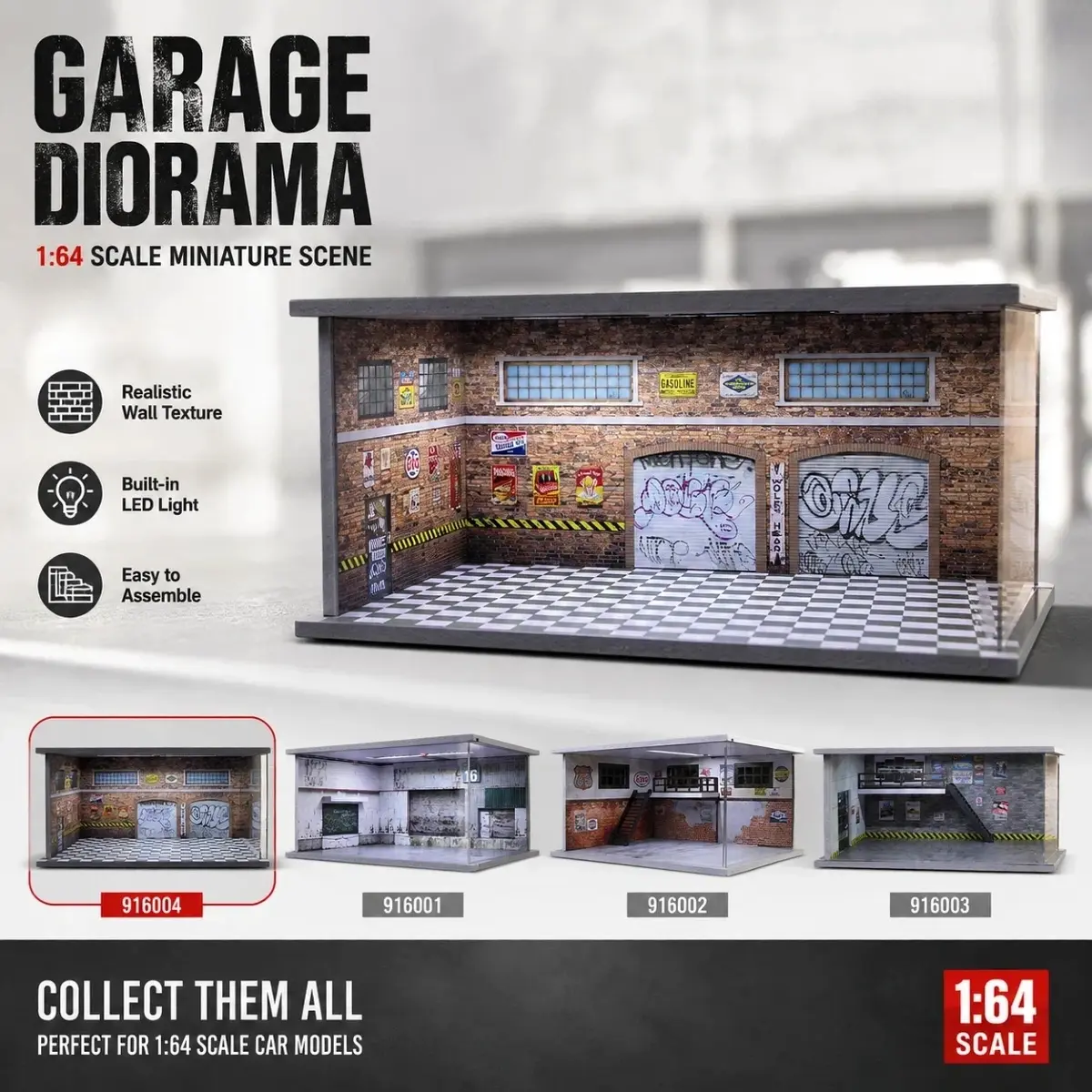Diorama 1/64 City Scene Model Car Repair Shop Model Car Garage Warehouse Scene Model LED Lighting Maintenance Workshop Background Wall Car Parking Lot Scene Model Car Collection Display Die-casting Car Display Case
