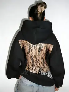 Floral Lace Sheer Hoodie | Sexy Open Back Black Sweatshirt | Y2K Cute & Edgy Streetwear Flag Yacht Casual Fit