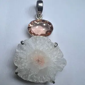 Solar Quartz Blossom & Peach Quartz Pendant - 925 Sterling Silver setting