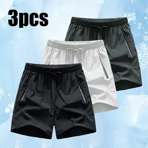 3-Pack Men’s Nylon Ice Silk Sports Casual Shorts – Summer Quick Dry, Breathable, Zipper Pockets, Knee-Length Menswear Plain