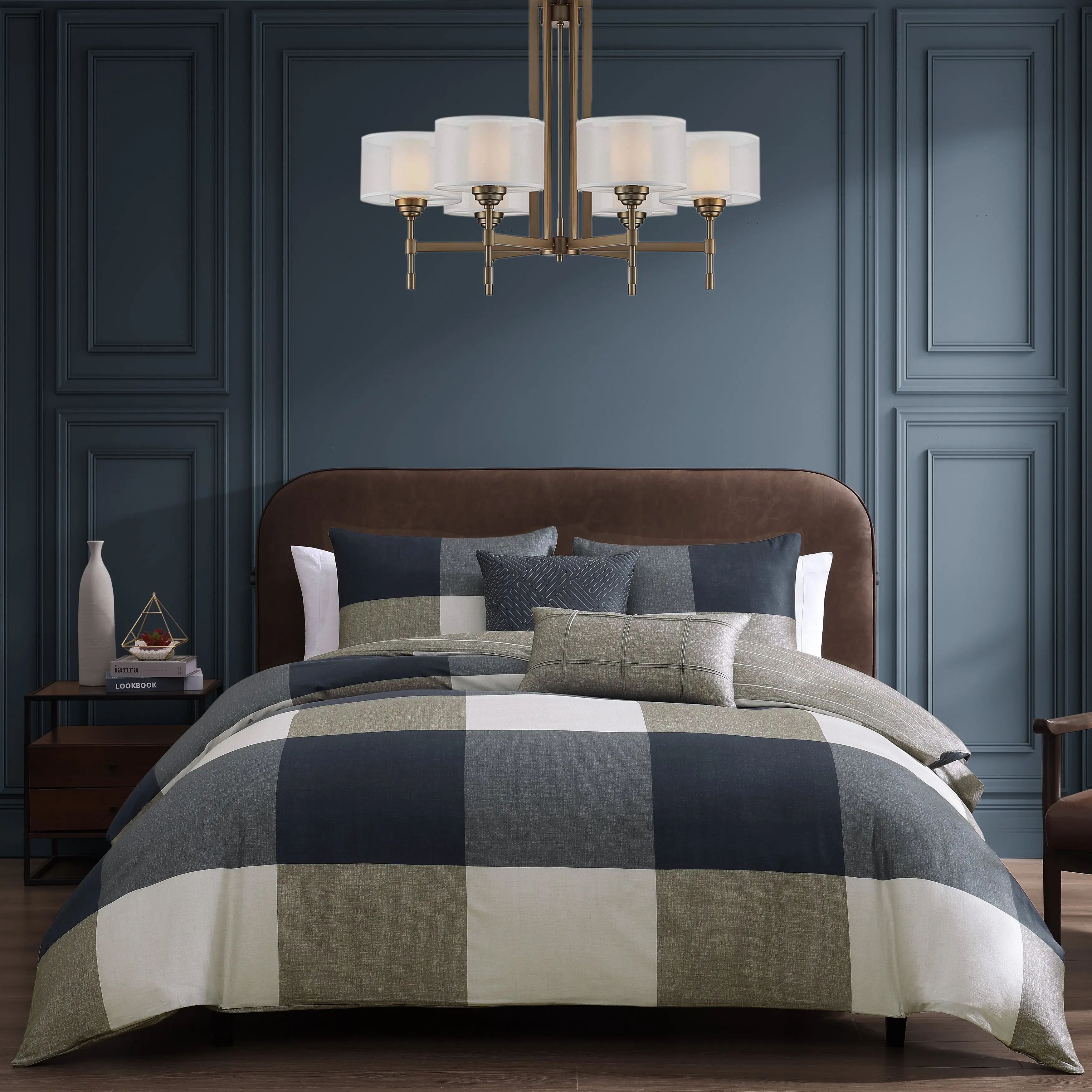 Bebejan Checkered Navy Tan 5 Piece Reversible Comforter Set