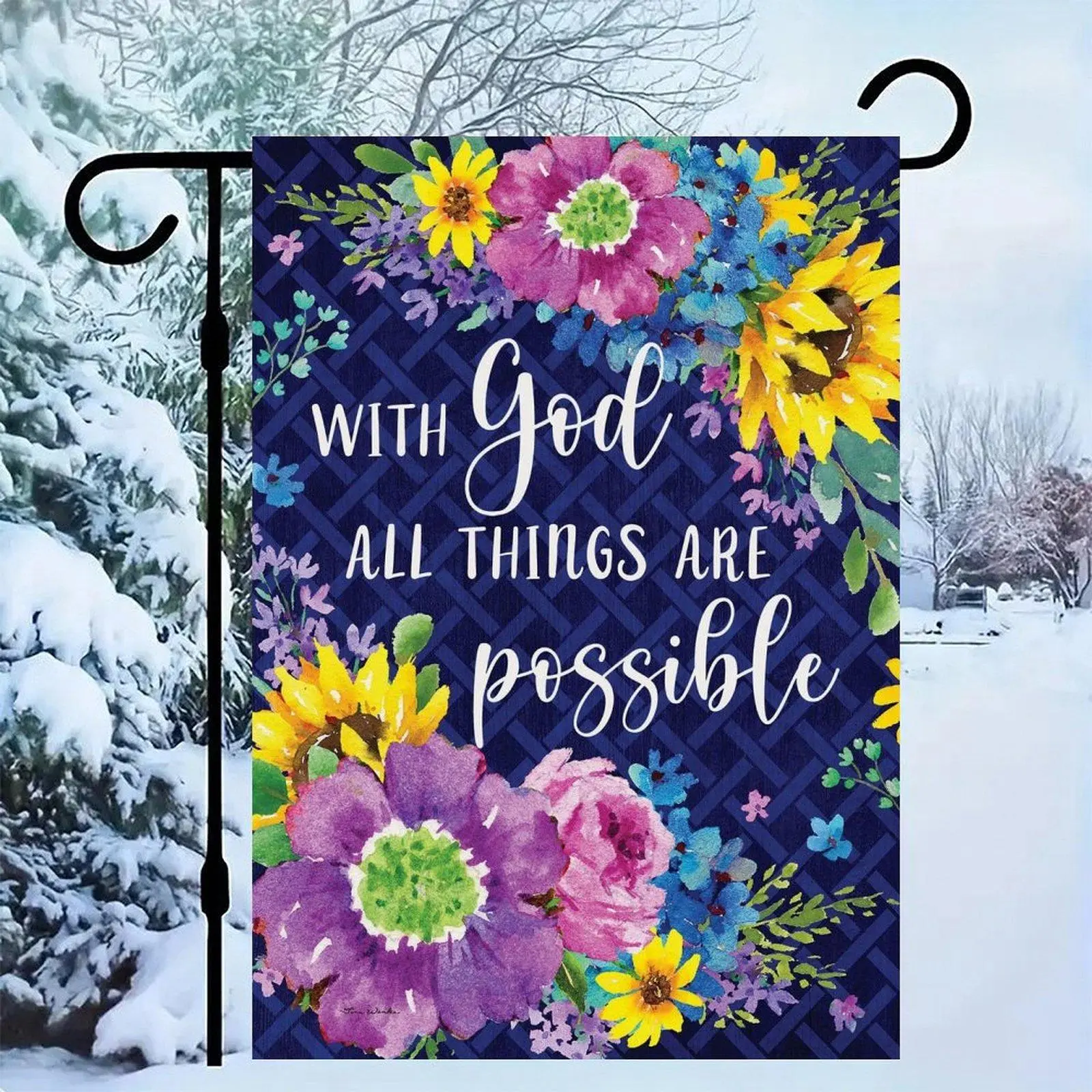 12*18in Sunflower Purple Floral Wreath With God All Things Are Possible Garden Flag Double Sided Inspirational Religious Yard Banner Outdoor Decor