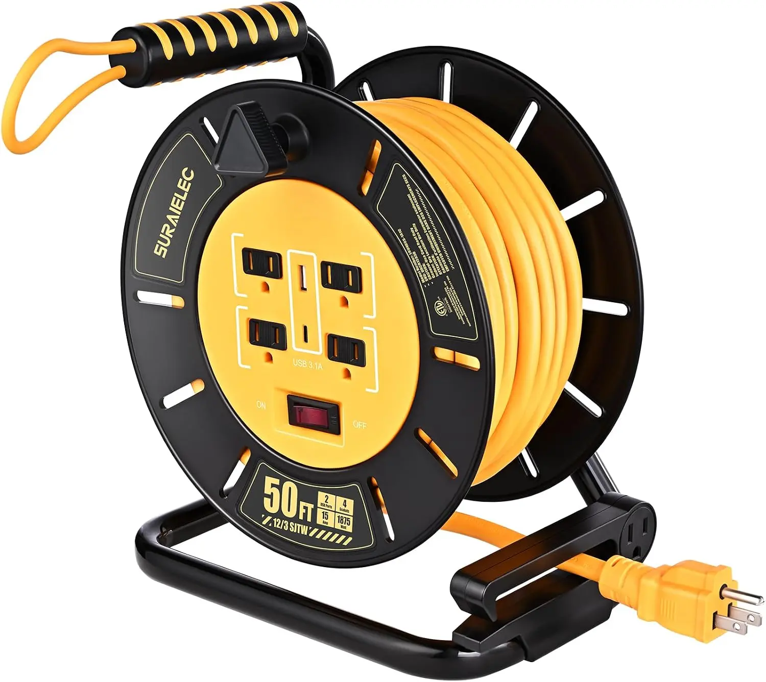 50FT Retractable Extension Cord Reel with USB Ports, ETL Listed | 12AWG Heavy Duty Power Cord, 15A, Handle Rewind, 4 Grounded Outlets, USB-A & USB-C Ports, for Garage, Jobsite, Camping