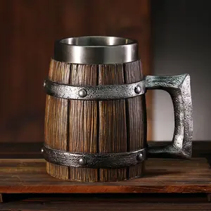 Large Capacity Wooden Barrel Style Stainless Steel Beer Mug, Multi-Purpose Food Grade BPA Free Lead & Cadmium Free Heat Resistant Shatter-Resistant Reusable Water Tumbler Coffee Mug, Dishwasher Safe Drinkware, Ideal for Beer Lovers Home Bar Office Camping