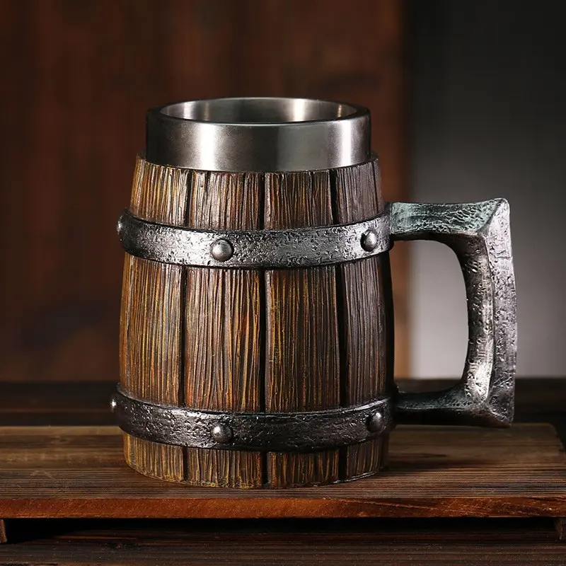Large Capacity Wooden Barrel Style Stainless Steel Beer Mug, Stylish Coffee Mugs, Multi-Purpose Food Grade BPA Free Heat Resistant Shatter-Resistant Reusable Water Tumbler Coffee Mug, Dishwasher Safe Drinkware, Reusable Drinkware Cup