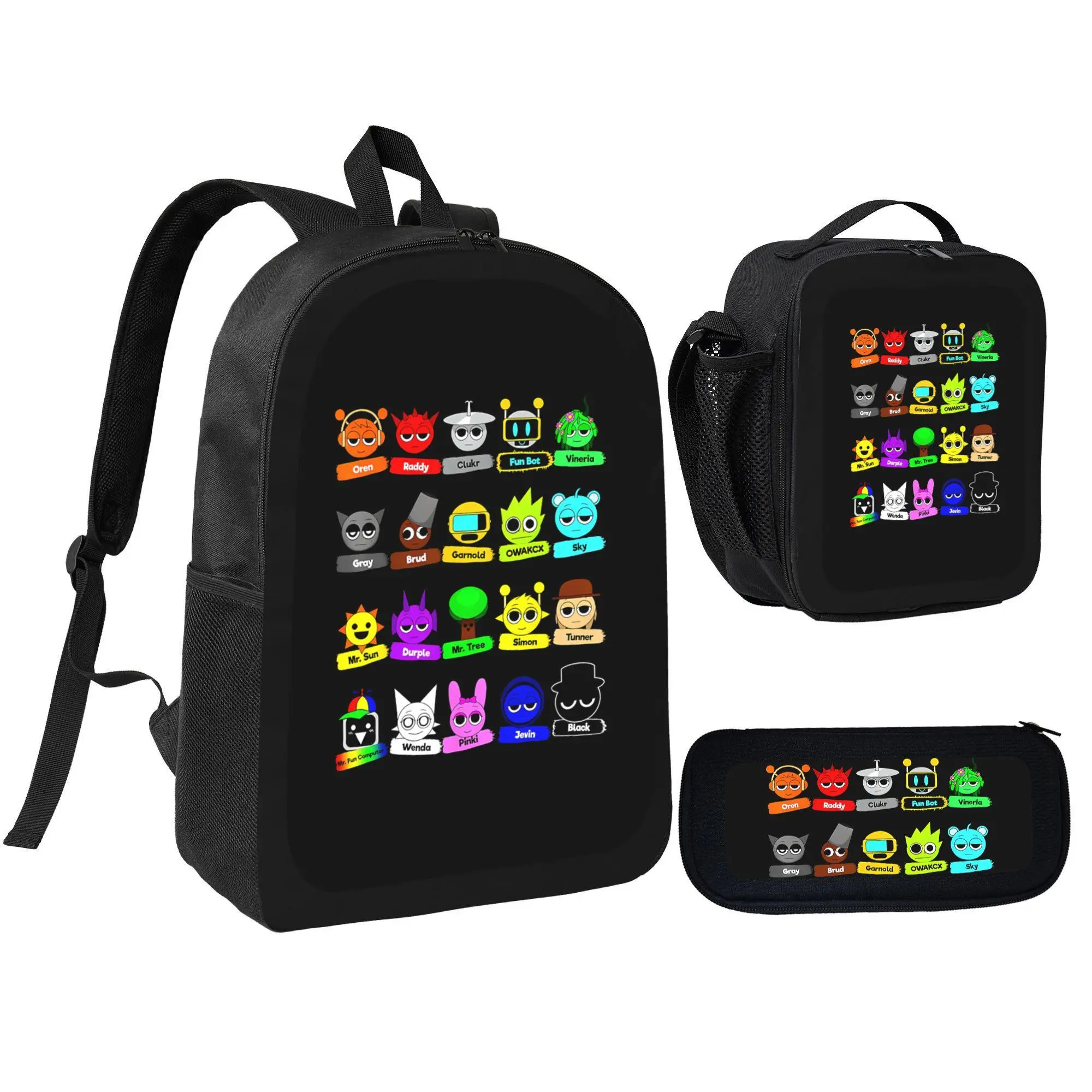 Sprunki Rhythm Game Character Print 3‑Piece Backpack Set, Large Capacity School Bookbag With Lunch Box And Pencil Pouch, Lightweight Travel Daypack For Daily School Use