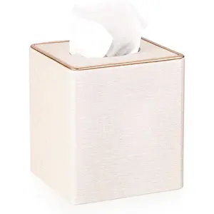 Square Linen Tissue Box Cover - Stylish Cube Tissue Box Holder with Magnetic Bottom, Decorative Tissue Box for Vanity Toilet Tank Dresser Night Stand Table Countertop Office Car, Beige