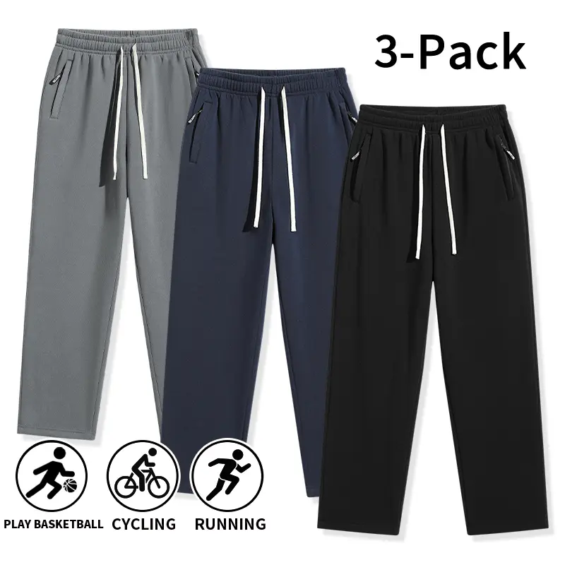 3 Pack Men’s Solid Wide Leg Sweatpants Set — Soft, Comfortable Track Pants with Drawstring and Zipper Pockets for Autumn Sports and Everyday Casual Outfits