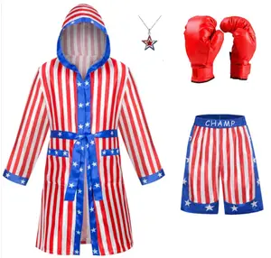 Men Satin Boxing Robes Adult Boxing Halloween Costume Robe Boxer Costume Shorts with Belt, Boxing Gloves, Necklace Clothes Cosplay Menswear