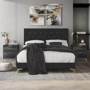 ChaletPosh 3 Piece Bedroom Nightstands Set with Diamond Button Tufted Bed - Modern Design & Stylish Nightstands