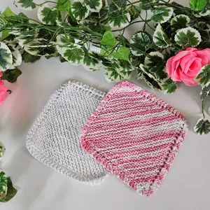 Strawberry Kiss | Grandma Cotton Knit Dishcloths 2Pk | Valentine's Day | Square | 100% Cotton | Modern | Pink & White | Durable | Machine Wash Safe | Handmade | Reusable | Non-scratch