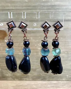 Shungite + Fluorite + Antique Copper Dangle Earrings