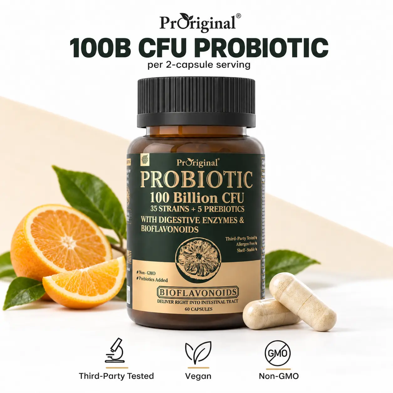 Proriginal Probiotics for Women & Men, 100 Billion CFU, Gut Health Support, 35 Strains with 5 Prebiotics & Digestive Enzymes, 60 Capsules