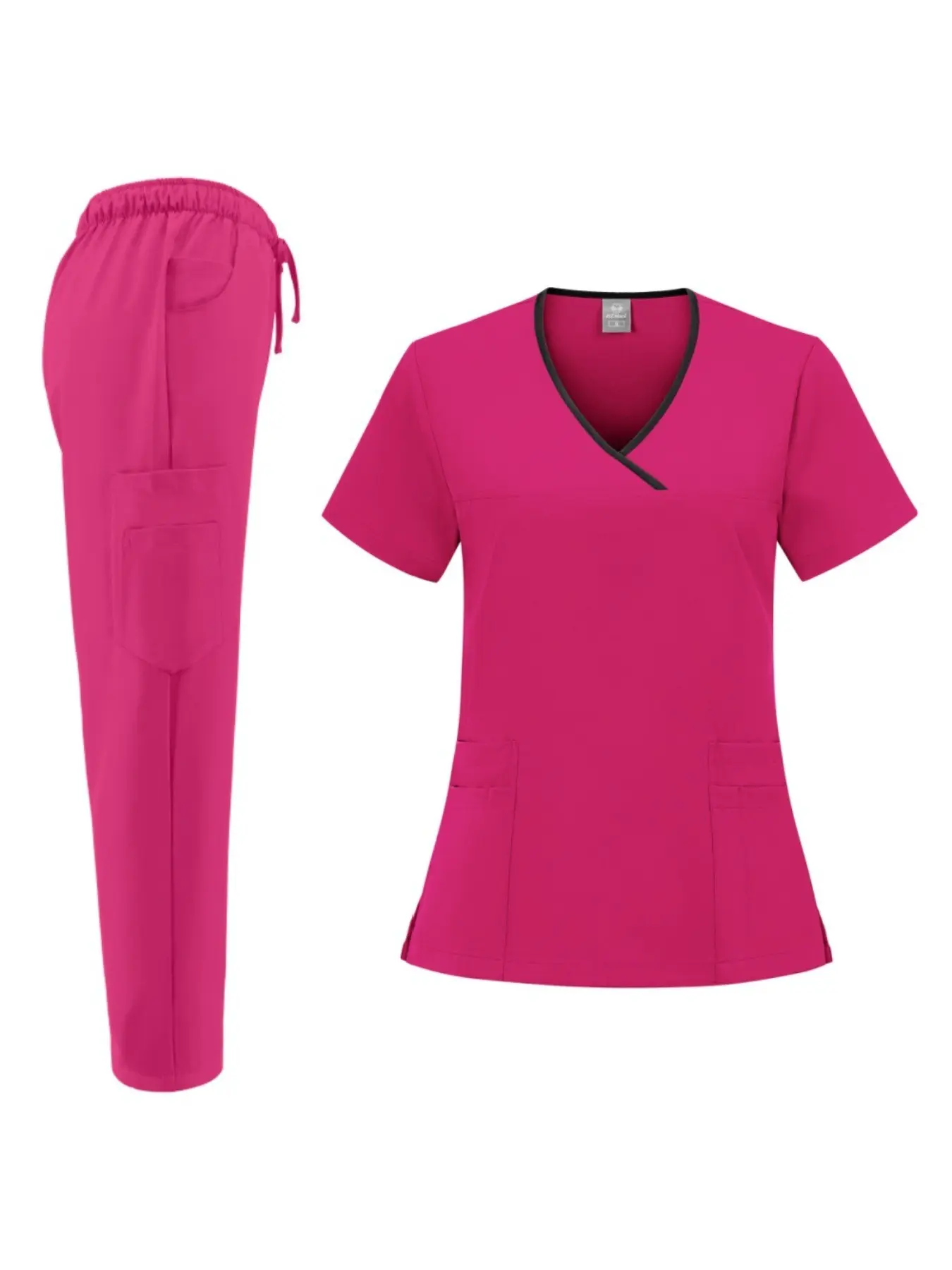 Stretchy Scrub Set Quick Dry Casual Hospital Doctor Nurse Workwear Uniforms Set Color Block Neck Short Sleeve And Long Pants Clothes