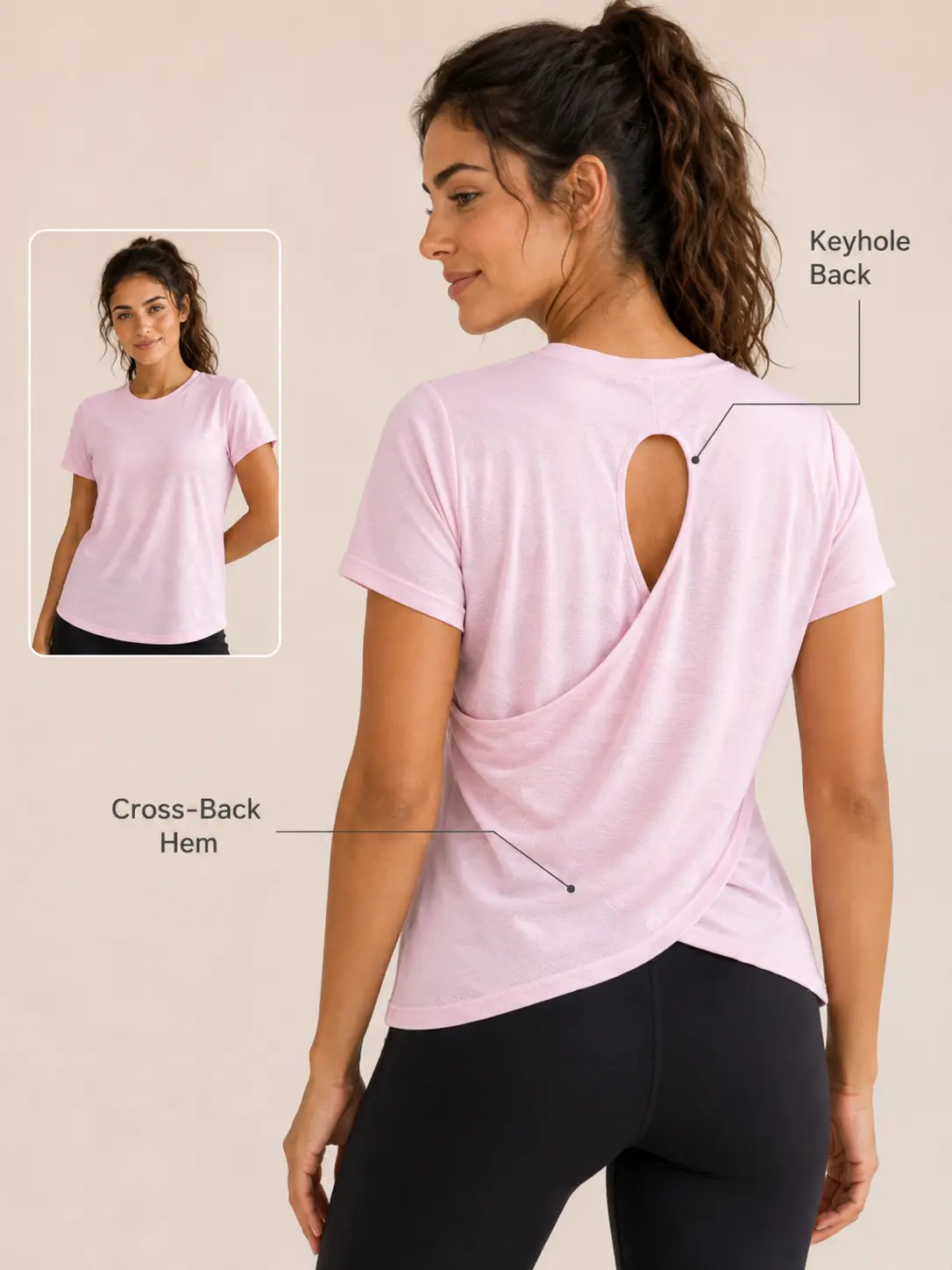 Women's Jacquard Workout T-Shirt, Round Neck Short Sleeve Breathable Athletic Top with Vintage Moon Print for Running Yoga Gym