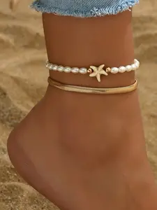 2-Piece Set Snake Chain Ankle Bracelet, Adjustable Multi-Layer Foot Jewelry with Pearl Charms, Boho Style for Women