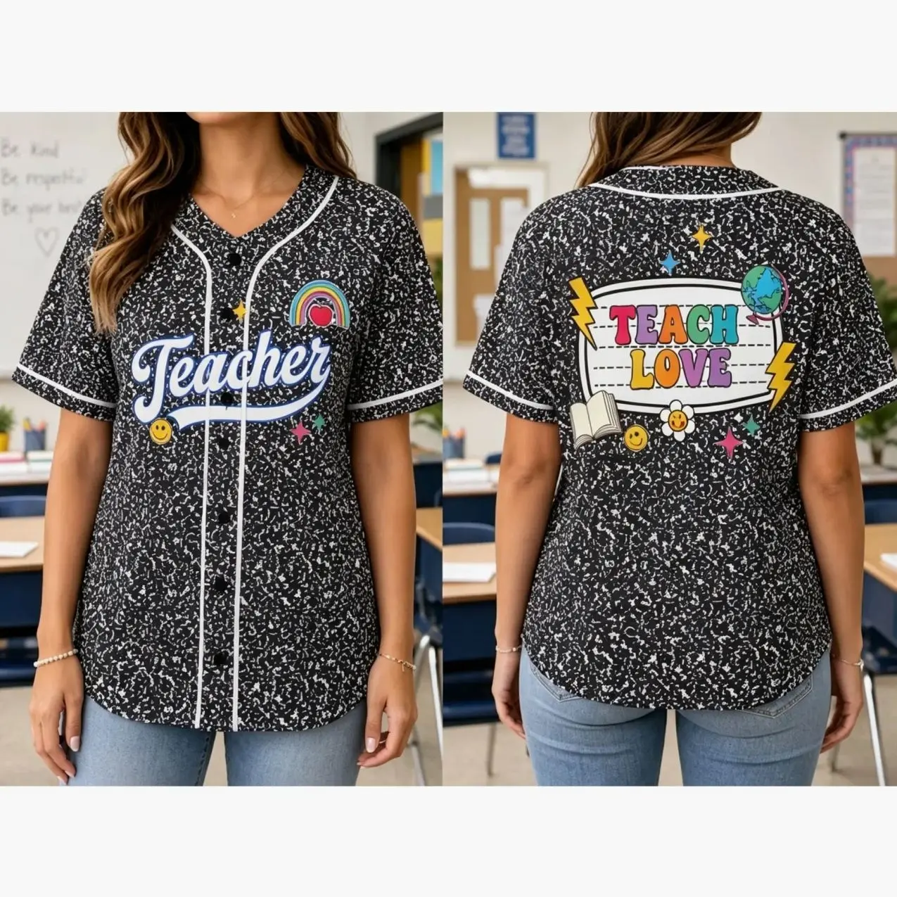 Teacher Baseball Jersey, Cute Retro Confetti Teacher Shirt, Rainbow Smile Face Button Up Baseball Jersey, Back to School Teacher Gift ABY