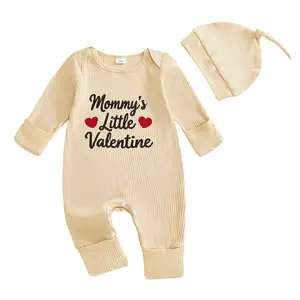 Newborn Baby Boy Girl Mommy's Little Valentine Romper Long Sleeve Ribbed Knit Jumpsuit with Beanie Hat Cute Infant Spring Clothes