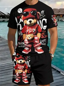 Men's Cartoon Bear Print Two-Piece Set, Casual Short Sleeve Tee & Shorts, Summer Beach Sports Wear, Loose-Fitting Graphic