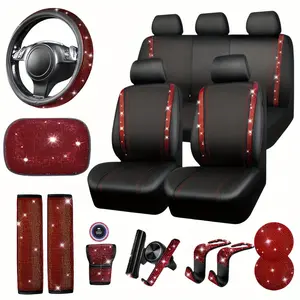 A Set of Sparkling Car Accessories Designed for Women, Including Full Seat Covers, a 15-Inch Steering Wheel Cover Adorned with Rhinestones, And Charming Interior Decorations Like Coasters And Essential Items for Your Vehicle,car accessories for women