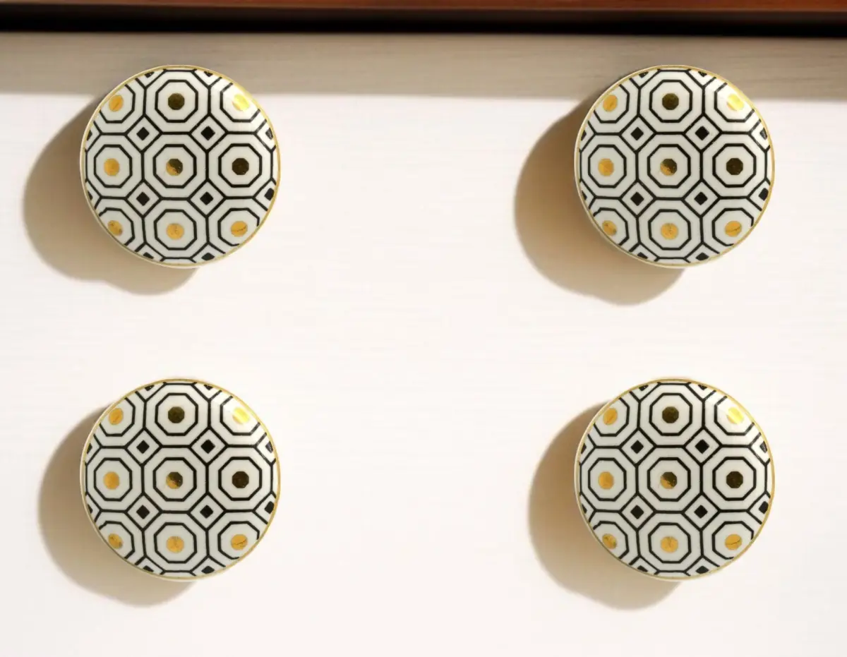 360 stand Hand-Painted White, Silver & Gold Geometric Ceramic Drawer Pull Knobs - Set of 6, for Kitchen Use, Includes Screws