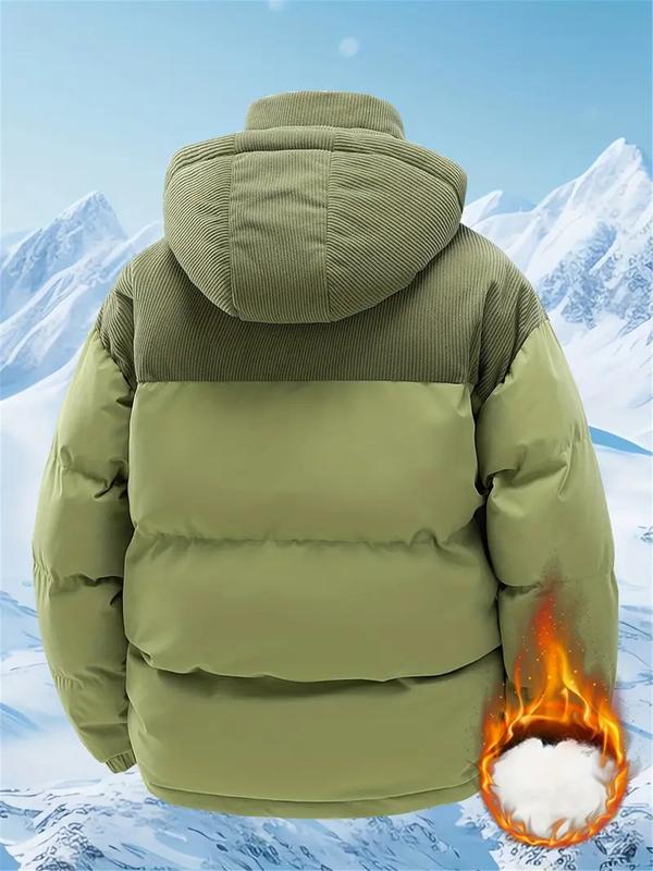 Men's Winter Hooded Jacket - Removable hood, colorblock design, warm wool-lined coat, zipper closure, casual style for cold weather, winter jacket, suitable for couples, windproof and machine washable coat Cotton Fleece Menswear Outdoor Thick