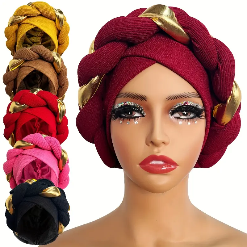 Women's Lightweight Pre-Tied Boho Weave Turban Cap - Polyester Fabric, Stretchy Braided Female Fashion Headpieces with Golden Accents, Vibrant Colors, Hand Washable (Do Not Dry Clean) Headwear, Hand Wash,Do Not Dry Clean, Pre-Tied Cap, Stretch Braids