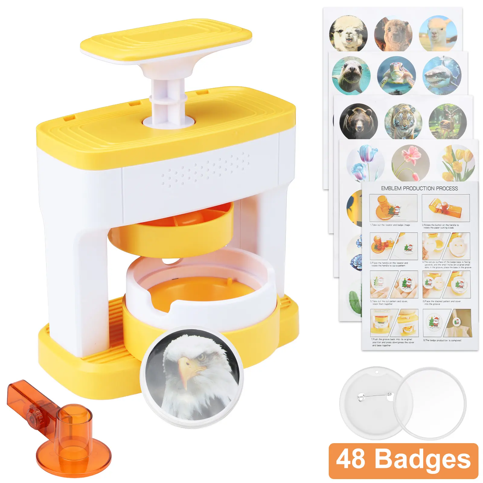 DIY Badge Maker Kit, 55mm Cute Pattern Button Maker with 48 Images and 48 Badges, Pin Making Tool for Backpack Decorations