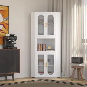 Metal Corner Cabinet, Tall Corner Pantry Storage Cabinet with 4 Glass Doors and Adjustable Shelves, Kitchen Cupboard for Kitchen,Bath/Laundry/Living Room/Bedroom