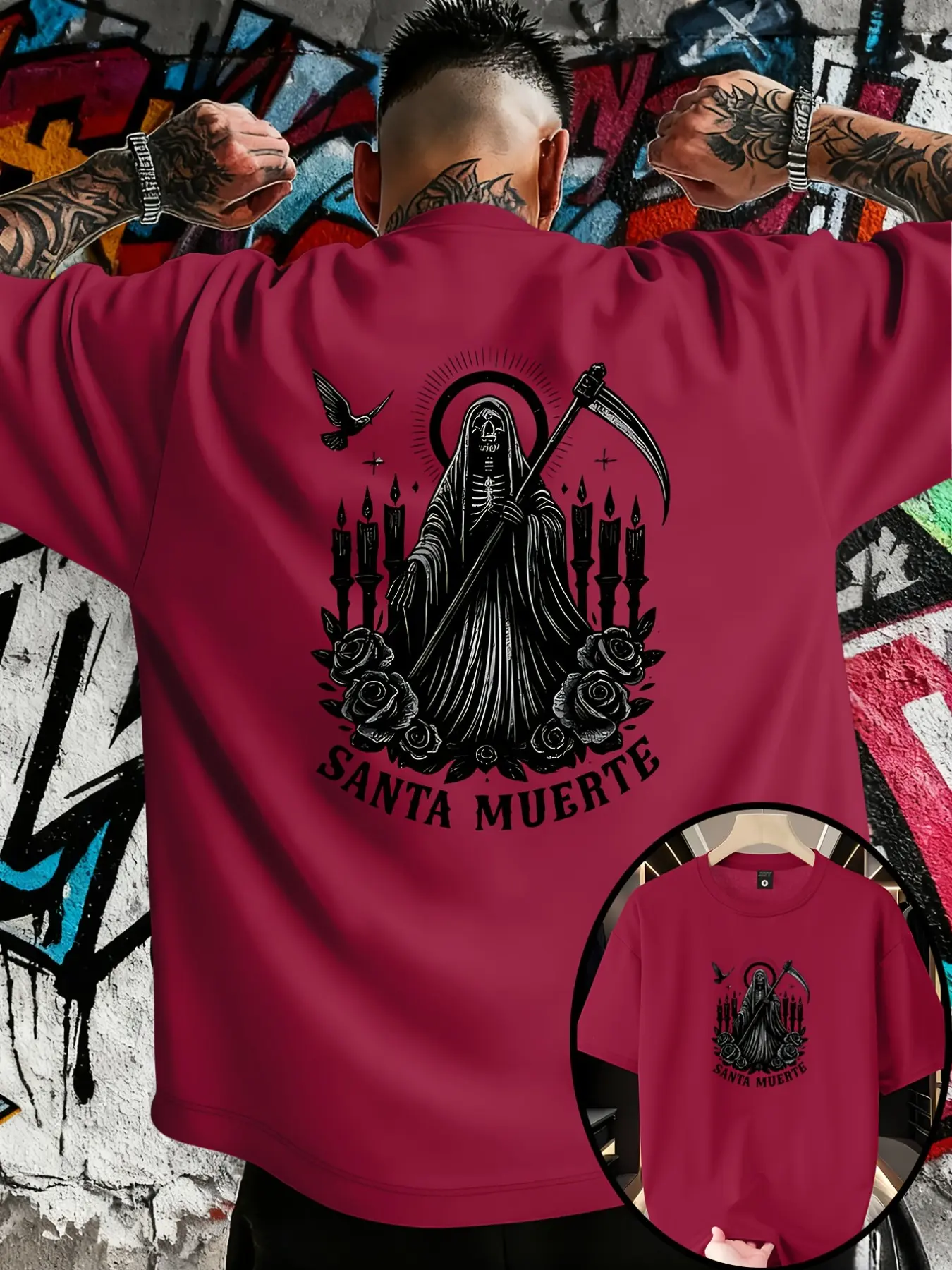 Men's Santa Muerte Print T-Shirt, Casual Style Tee, Mexican Folklore Death Theme Casual Short Sleeve, Street Gothic Skull Style Men's Top, All Seasons, Streetwear