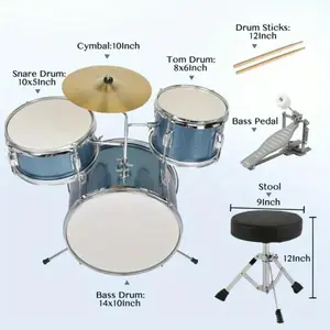 Junior Kids - acoustic drums Set Kit with Pedal & Drumsticks, 3-Piece Beginners Drum Kit with Stool and Wrench, Musical Instrument Set in Sky Blue